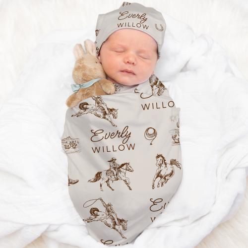 Cowboy Baby Blanket Western Swaddle Blanket with Name Soft & Stretchy Newborn Baby Blanket Vintage Ranch Swaddle Set