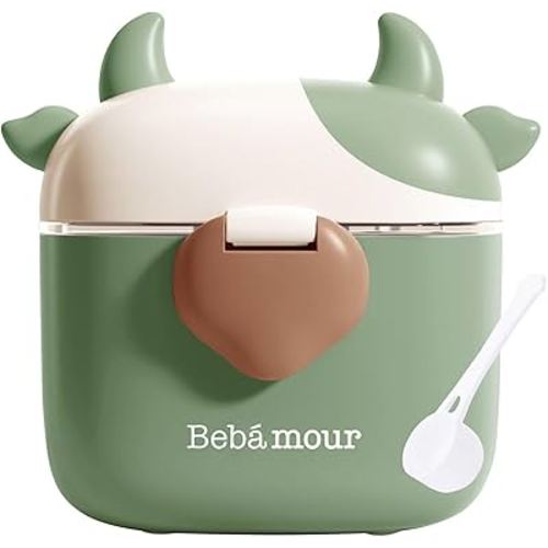 Bebamour Baby Formula Dispenser, BPA Free Portable Milk Powder and Candy Fruit Snack Storage Container with Scoop and Leveller for Travel, 450 ML, Green Cow