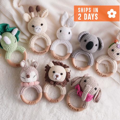 Personalized Toy Rattle, New Mom Gift, Rattle Toy Ring, Baby Grasping Toy, Crochet Toy Rattle for Baby, Newborn Gifts, Gift for Nephew Niece