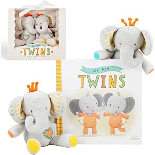 Tickle & Main We are Twins, Baby and Toddler Twin Gift Set, Keepsake Book and Set of 2 Plush Elephant Rattles for Boys and Girls
