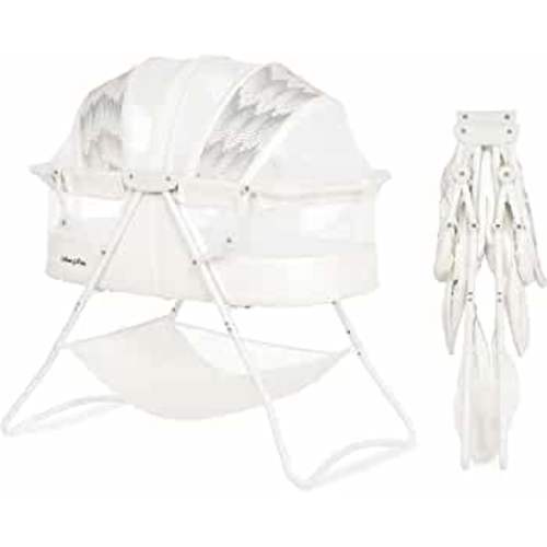 Karley Bassinet in Dove White, Lightweight Portable Baby Bassinet, Quick Fold and Easy to Carry, Adjustable Double Canopy, Indoor and Outdoor Bassinet with Large Storage Basket.