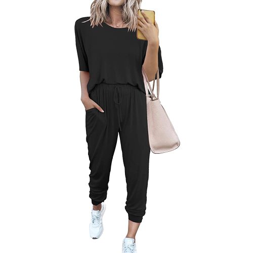 PRETTYGARDEN Women's Two Piece Outfit Short Sleeve Pullover with Drawstring Long Pants Tracksuit Jogger Set