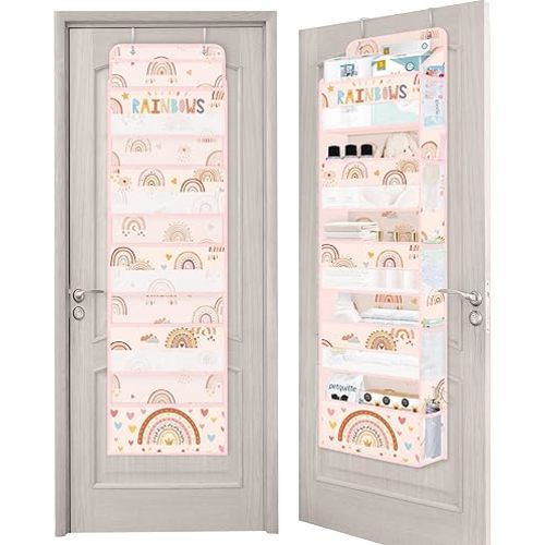 Clastyle Boho Rainbow Kids Over the Door Organizer with 5 Large Pockets Pink Nursery Hanging Storage Organizer Clothes Diaper Toy Cloud Closet Door Hanging Shelf Storage for Bedroom Bathroom Pantry