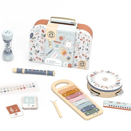 Speedy Monkey Musical Set – 5 Instruments: Xylophone, Tambourine, Rainmaker, Recorder & Harmonica, Colorful & Safe, Non-Toxic Paint, Ideal for Beginners & Kids 3+ Years