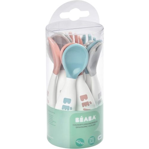 BEABA Toddler Self Feeding Cutlery, Round Soft Tip Design, Toddler Utensils, Baby Fork and Baby Spoon, Set of 10, (Breeze)