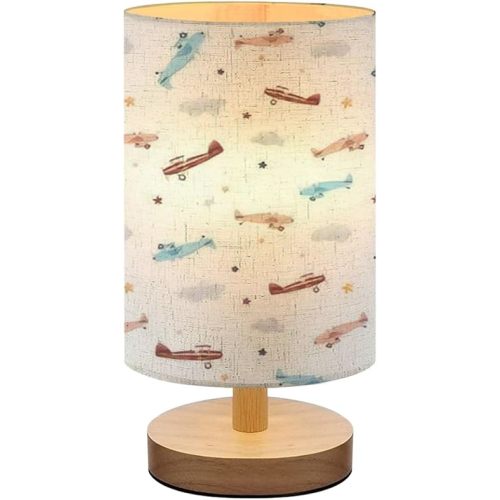 Bedside Lamp for Bedroom, Cute Kids Watercolor Pattern for a Boy, Airplane Shaped, Linen Shade, Dimmable Nightstand Lamp with Wood Base