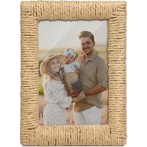 Boho 5x7 Picture Frame, Natural Boho Rattan Photo Frame with Paper Rope for Wall and Tabletop Display Gift for Mom Grandma Family Friends