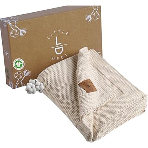 100% Organic Cotton Baby Knitted Blanket with Gift Box - Soft Toddler, Crib, Stroller Blanket - Neutral Swaddle and Receiving Blanket for Newborns, 30"x40", Color Earth Ivory