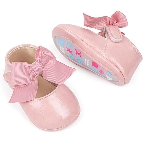 Oamico Infant Baby Girls Mary Jane Flats Non Slip Rubber Sole with Bownot Toddler First Walkers Princess Wedding Dress Shoes