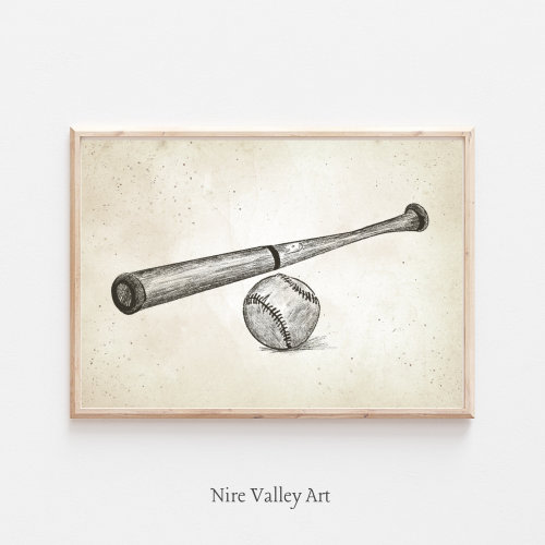 Vintage Nursery Print, Baseball Bat Sketch, Kids Sports Gallery Wall Printable, Gender Neutral Illustration Art Print, Baby Boy Room Decor