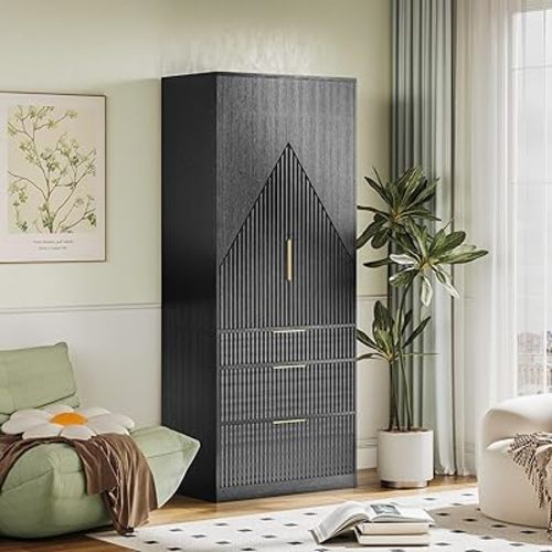 71.7" Wardrobe Armoire Wooden Closet with 2 Doors and 3 Drawers, Bedroom Armoire with Hanging Rod Shelf, Large Capacity Storage Wardrobe Armoire, Freestanding Wooden Closet Storage Cabinet Black