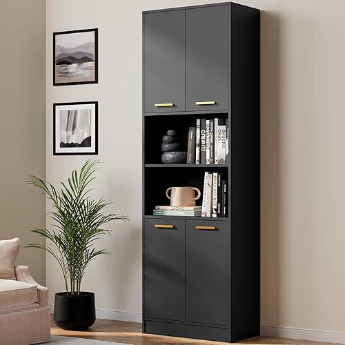 Cozy Castle Kitchen Pantry Cabinet, 75" Tall Wood Storage Cabinet with Doors and Shelves, 4 Doors Open Countertop Utility Hutch Cupboard for Dining Room Living Room Bathroom Furniture, Black