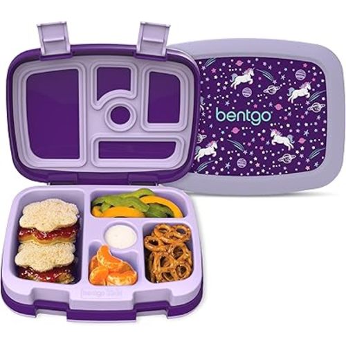 Bentgo Kids Prints Leak-Proof, 5-Compartment Bento-Style Kids Lunch Box - Ideal Portion Sizes for Ages 3-7, Durable, Drop-Proof, Dishwasher Safe, & PFAS & BPA-Free Materials (Unicorn)