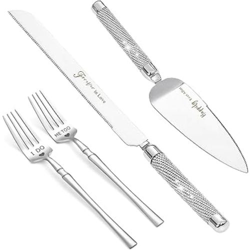Wedding Cake Knife and Server Set, Mr and Mrs Forks, Cake Cutting Set for Wedding, 420 Stainless Steel Silver Cake Cutter and Pie Server Slicer, Rhinestones Studded Handle Engagement Gift