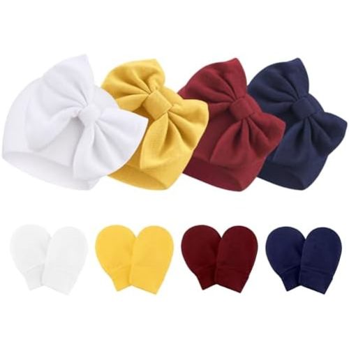 Baby Hats and Mittens Set Toddler Bow Beanie Infant Cap Newborn Hospital Hats for Baby Boys Girls Essentials 0-6 Months