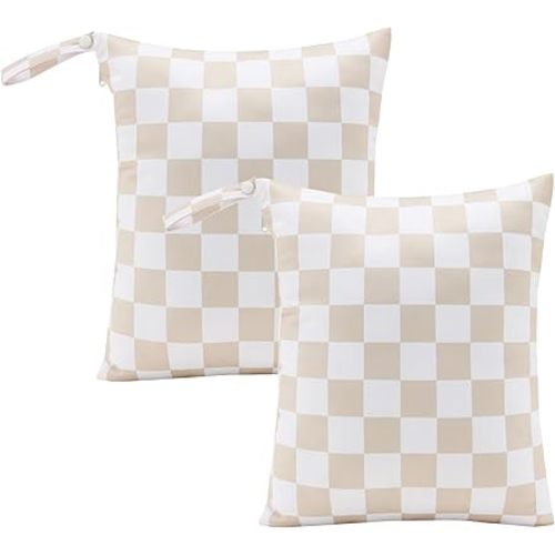 Beige Khaki Checkered Waterproof Wet Dy Diaper Bag for Baby Essentials, Travel, Swimsuit, Beach Bag Accessories, Aesthetic Trendy Cute Toddler Baby Cloth Bag Pouch, Pack of 2