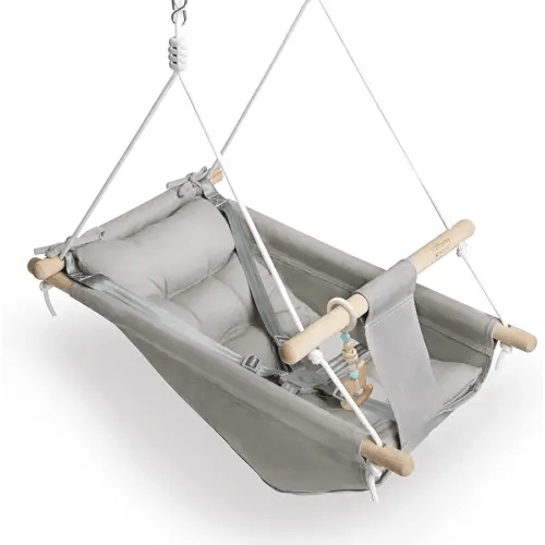 Baby Swing Indoor and Outdoor, Canvas Hammock Swing for Baby to Toddler with a Comfortable Seat, Macaroon Wooden Toy, Adjustable 5-Point Harness,3 Modes,Gift for Baby Boys Girls, Grey