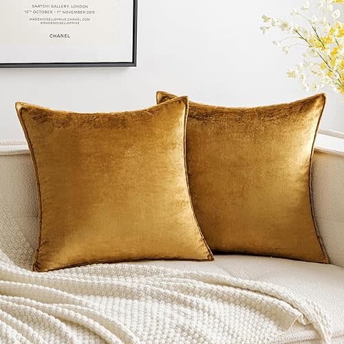 MIULEE Fall Pack of 2 Dark Gold Decorative Velvet Throw Pillow Cover Soft Pillowcase Solid Square Cushion Case for Sofa Bedroom Car 16x16 Inch