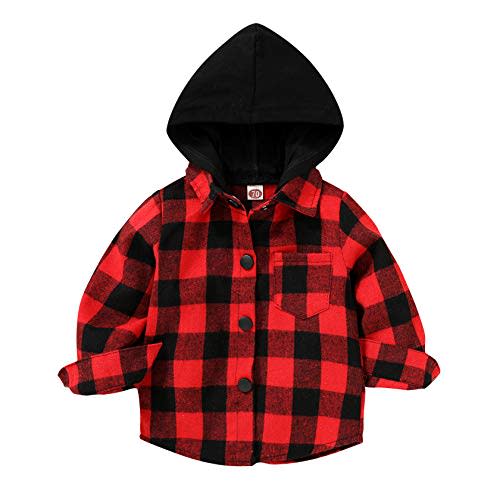 YOUNGER STAR Toddler Kids Boys Girls Flannel Hooded Plaid Shirt Button Baby Red Plaid Shirt Plaid Shirt Hooded Clothes
