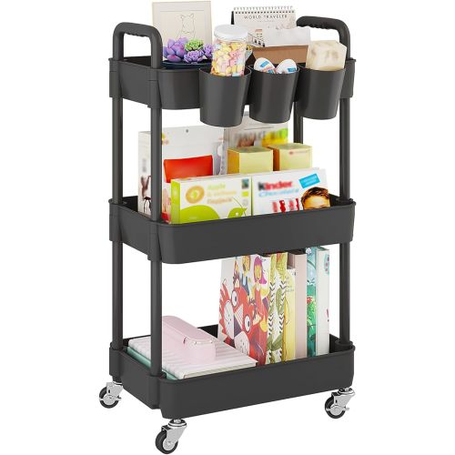 UDEAR 3-Tier Rolling Utility Cart,Multifunctional Storage Shelves with Handle and Lockable Wheels for Room,Office,Kitchen,Bathroom,with 3 Hanging Cups,Black - 3 Tier with 3 Cups