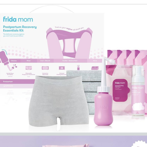 Frida Mom 11pc Postpartum Essentials Kit Gift Set, Hospital Bag Must Haves for New Mom, Includes 4 Disposable Postpartum Underwear, 4 Ice Maxi Pads, Perineal Healing Foam & 24 Pad Liners & Peri Bottle