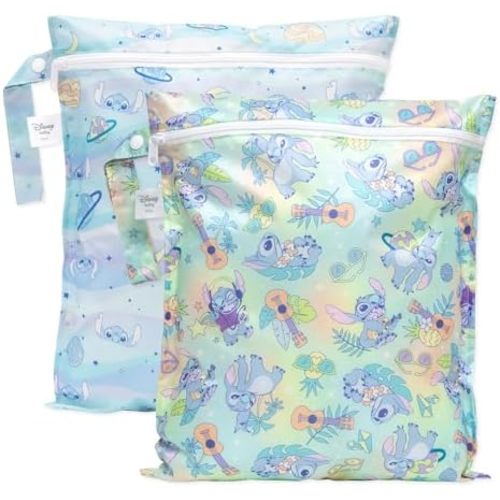 Bumkins Waterproof Wet Bag for Baby, Travel, Swim Suit, Cloth Diapers, Pump Parts, Pool, Beach, Gym Clothes, Toiletry, Hook to Stroller, Daycare, Zipper Reusable Wetdry Packing, 2-pk Disney Stitch