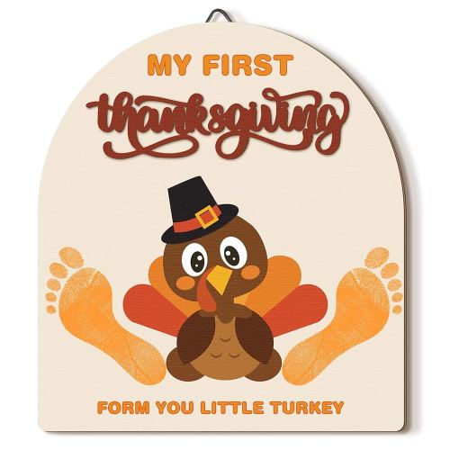 Baby's First DIY Footprint Art Wooden Milestone Card Keepsake Little Boo Sign Nursery Decorative Ornaments for Baby Shower Newborn Photoshoot Prop(Thanksgiving Turkey)