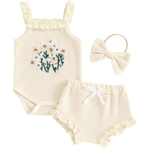 Newborn Baby Girl Summer Clothes Floral Embroidery Hater Romper Bloomers Shorts Set Headband Cute Baby Girl Outfit