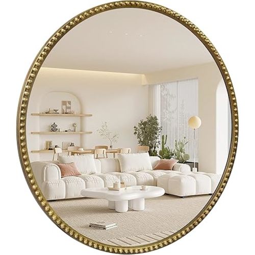 Round Mirror, 24 inch Metal Beaded Frame Decorative Accent Marlowe Wall Mirror,Vintage Gold