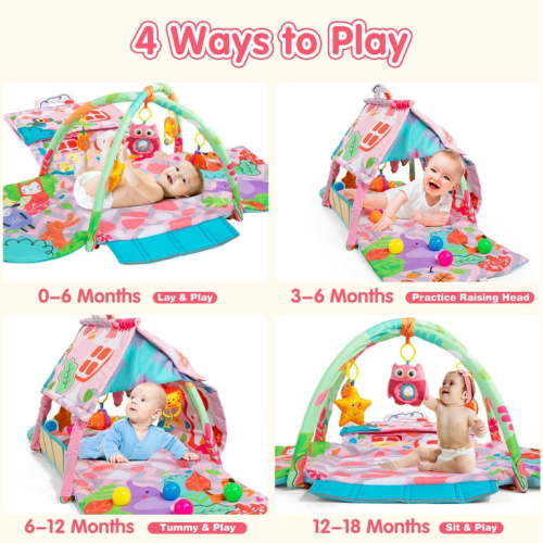 2-in-1 Baby Play Gym Mat, Tummy Time Activity Mat with 5 Toys for Stage-Based Sensory and Motor Skill Development, Washable Play Mats for Infant, Baby Toys Gift for Toddler Infant