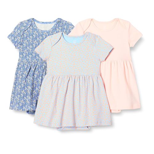 Amazon Essentials Baby Girls' Short Sleeve Bodysuit Dress, Pack of 3