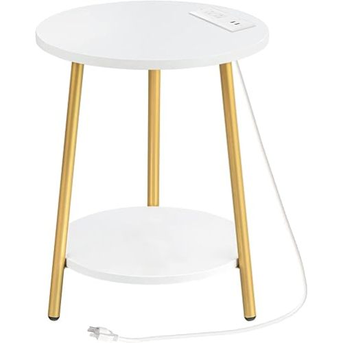 HOOBRO Round End Table with Charging Station, 2-Tier Small Circle Side Table, Round Accent Table for Living Room, Bedroom, White and Gold DW671BZ01