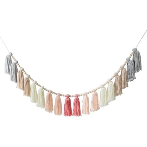 DrCor Pink & Grey Boho Tassel Garland – 16ft Handmade Yarn Bunting Banner for Nursery, Kids Room, Classroom, Baby Shower, Birthday Party, or Back to School Decor