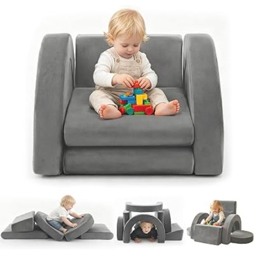 PY HOME & SPORTS Kids Modular Sofa Play Set, 7-Piece Creative Foam Couch for Children, Soft Coral Fleece, Multiple Configurations, Improves Hands-On Skills & Imagination, Compressed Packaging