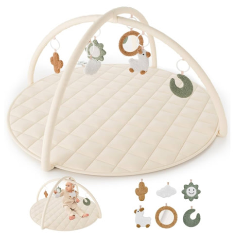 Beautiful Baby Play Gym and Tummy Time Mat - Soft Cotton Mat with 6 Cute Toys Creates The Perfect Activity Area for Your Girl/Boy - Stylish Infant Floor Playmat Fits Nicely with Any Playroom Decor