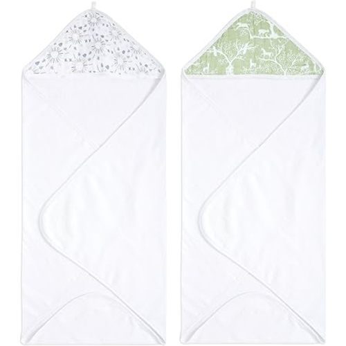 aden + anais Essentials Hooded Baby Bath Towel, Super Soft 100% Cotton, 2 Pack, Harmony