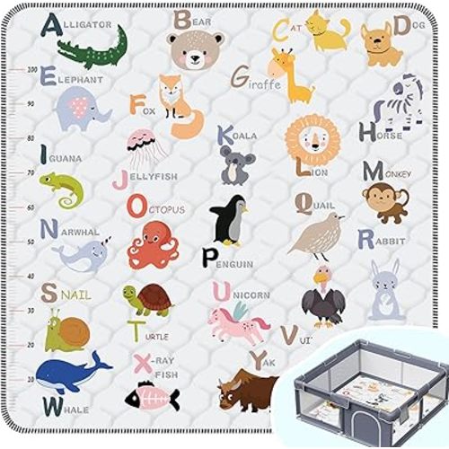 Baby Play Mats for Floor,Thick Soft 50" X 50" Playpen mat, Foldable and Machine Washable Baby Crawling Mat,Baby Play Mat for Babies to Play and Learn (Animal Alphabet-A)