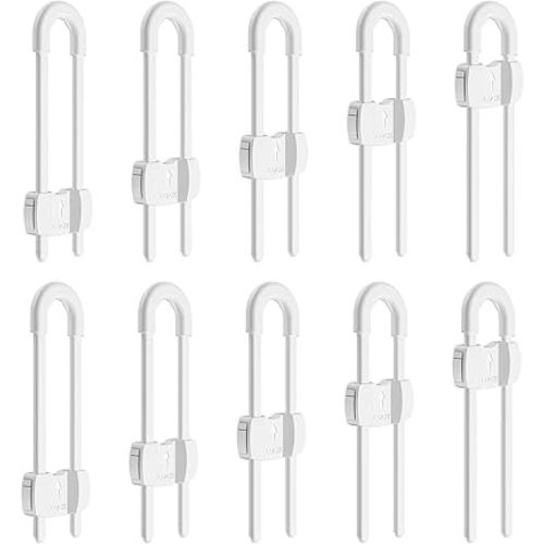 (10 pack white) 4 button Cabinet Locks, U-Shaped Proofing Drawers Safety Child Locks Adjustable, for Wardrobe,Kitchen,Bathroom,Drawer,Fridge,Cupboard Doors Knobs & Handles