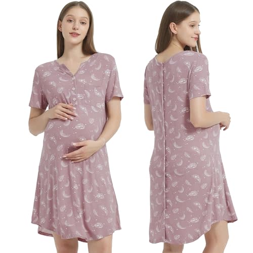 Owlivia Nightgowns, Short-sleeve Nursing Gown Dress, V-neck Maternity Pajamas, Boyfriend Nightshirt S-XXL