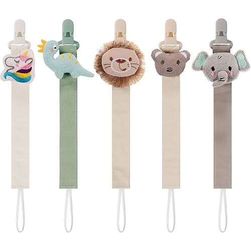 5 Pack Pacifier Clips for Baby Boys and Girls, Multicolor Fabric Straps,5pcs Straps, Approx. 11 in / 29 cm, Resin Clips with Inner Grip Design, Fits Most Pacifiers with Handles