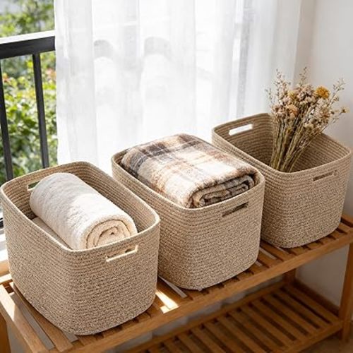 3 Pack Woven Baskets,Storage Baskets for Shelves with Handles