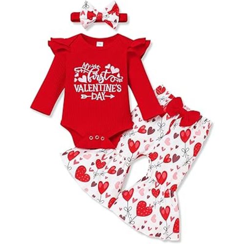 My First Valentine's Day Outfits Newborn Baby Girl Outfits Romper Heart Pant Headband Clothes Set