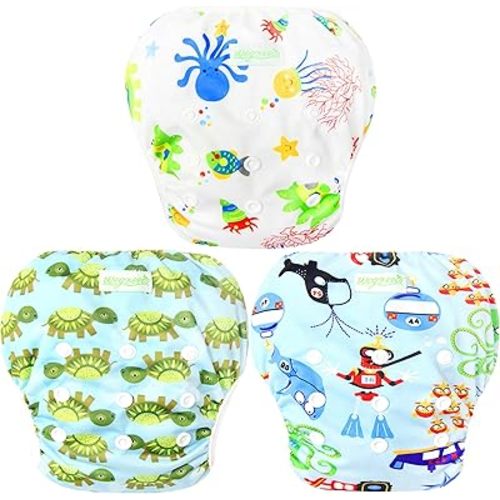 wegreeco Baby & Toddler Snap One Size Adjustable Reusable Baby Swim Diaper (Diving, Ocean, Turtle, Large, 3 Pack)