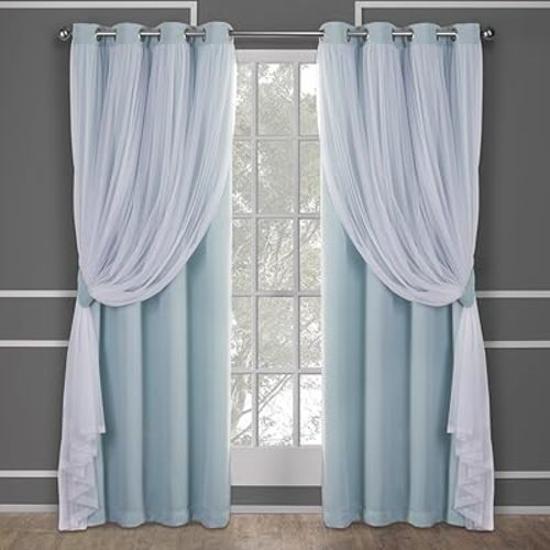 TOWN & COUNTRY LUXE Talia Double Layer Indoor Curtains, Sheer and Room Darkening Blackout, Grommet Top, Energy Efficient, 2-Pack Set, 52"x108", Aqua