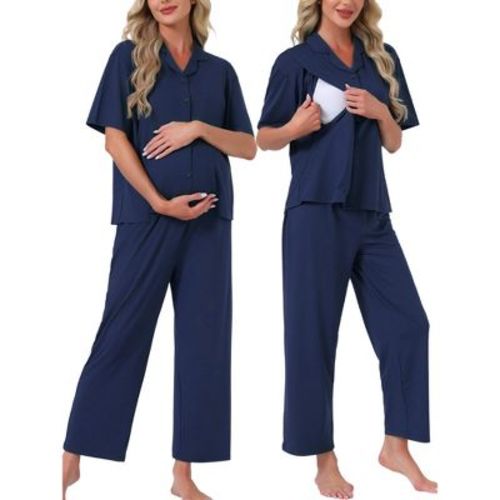 INSPIRE CHIC 2 Pcs Maternity Nursing Short Sleeves Breastfeeding Loungewear Button Down Postpartum Pajama Sets Medium Blue