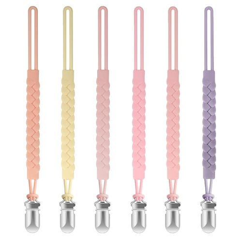 TenderBabe Silicone Pacifier Clip for Baby Girls and Boys, Pack of 6 Soft Flexible Paci Binky Clips with One-Piece Braided-Style Design,BPA-Free Baby Essentials