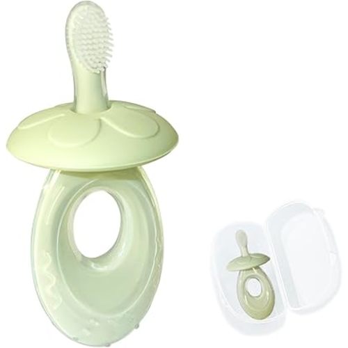Baby Toothbrush & Teether for Infant and Toddler, Silicone Baby Oral and Tongue Cleaner, Ultra Soft Infant Training Toothbrush with Travel Case, Adjustable Safety Shield - Green