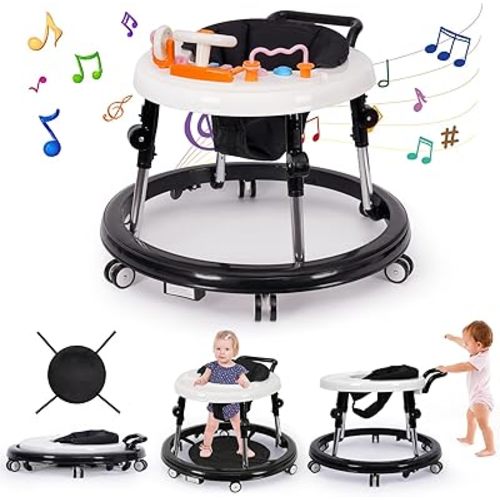 Music and Lights Baby Walker Foldable with 9 Adjustable Heights, Baby Walker with Wheels Portable, Baby Walkers and Activity Center for Boys Girls Babies 7-18 Months (New-Black)