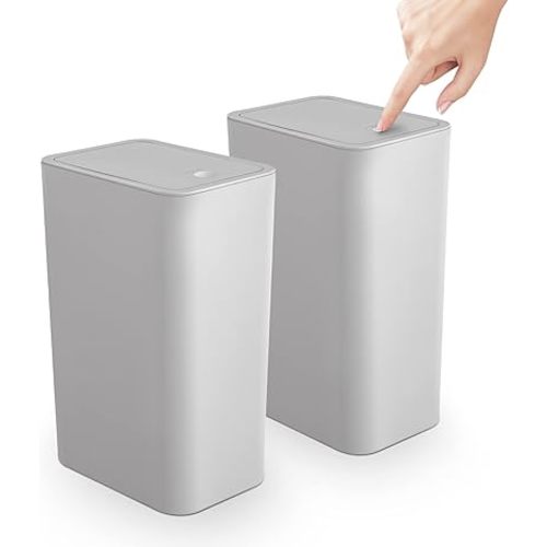 TrashAid 2 Pack Bathroom Trash Can with Lid, 2.6 Gallon / 10 Liter Small Garbage Can with Press Top Lid, Plastic Wastebasket with Pop-up Lids for Toilet, Office, Bedroom, Living Room, Grey