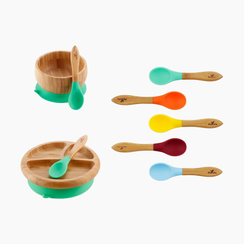 Avanchy Rainbow Gift Set Baby Bowl + Baby Plate + 7 Spoons - Green